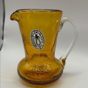 Vintage Pilgrim Amber Crackle Glass Mini Pitcher Creamer Clear Handle